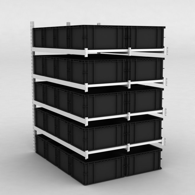 Großfachregal Anbaufeld mit 40 Kunststoffboxen in Schwarz