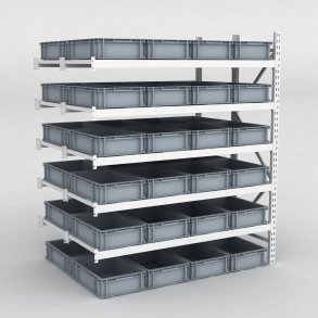 Großfachregal Anbaufeld mit 48 Kunststoffboxen in Grau