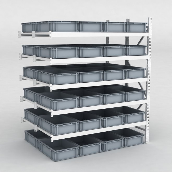 Storfagsreol Tilbygningsfag med 48 gr plastkasser