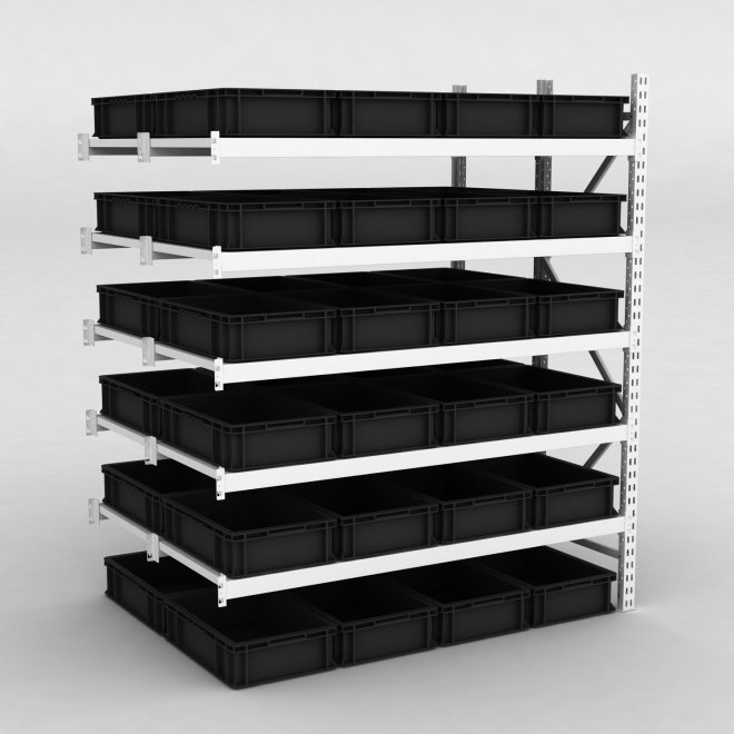 Großfachregal Anbaufeld mit 48 Kunststoffboxen in Schwarz
