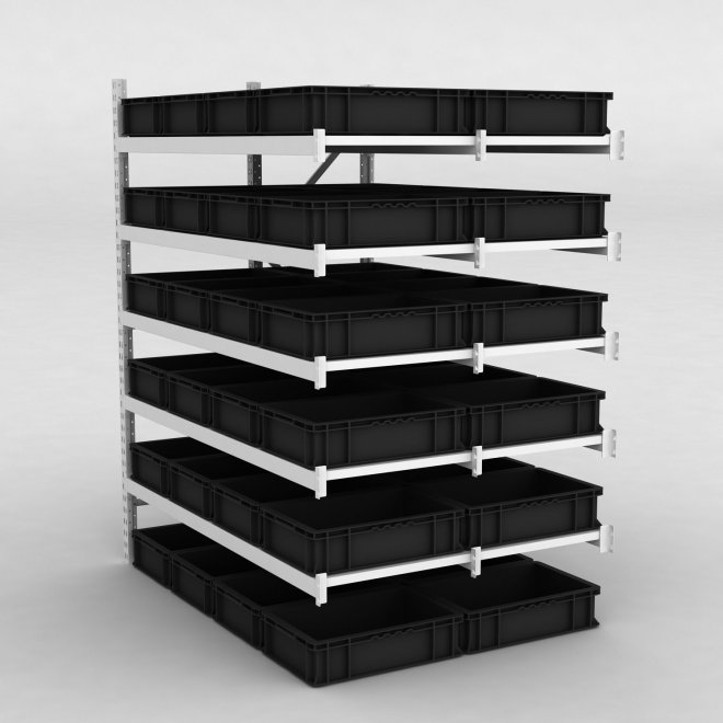 Großfachregal Anbaufeld mit 48 Kunststoffboxen in Schwarz