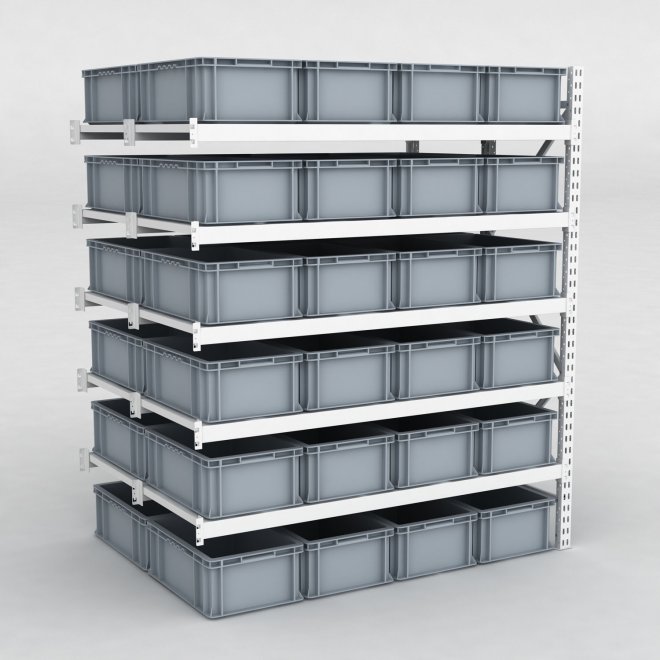 Storfagsreol Tilbygningsfag med 48 gr plastkasser