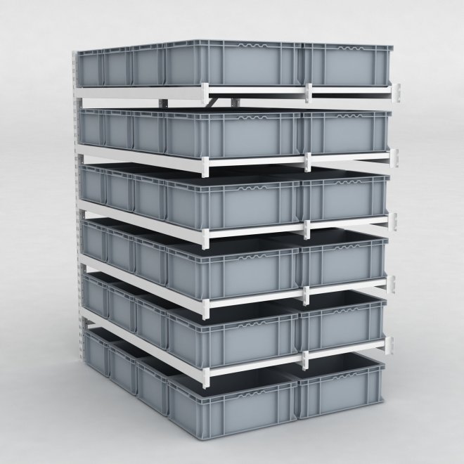 Storfagsreol Tilbygningsfag med 48 gr plastkasser