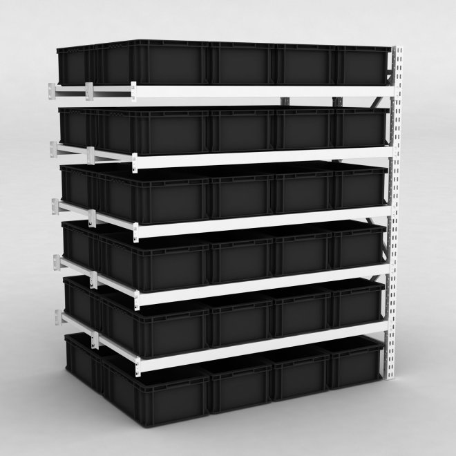 Großfachregal Anbaufeld mit 48 Kunststoffboxen in Schwarz
