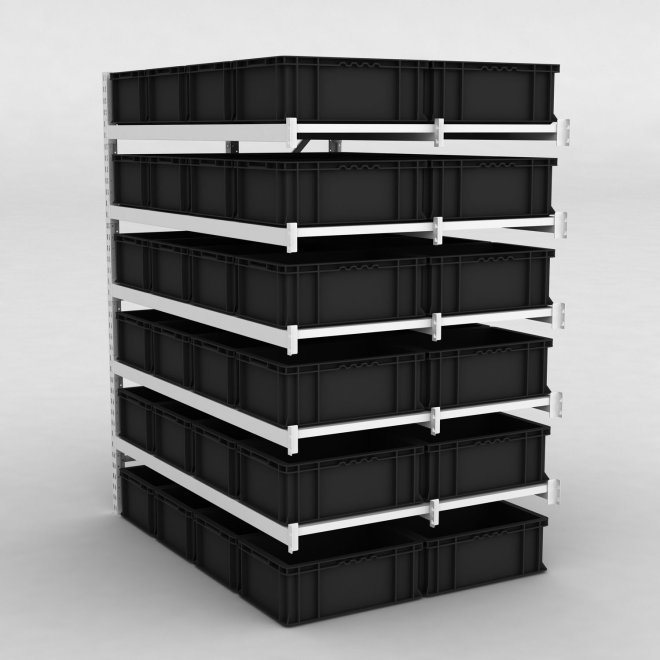 Großfachregal Anbaufeld mit 48 Kunststoffboxen in Schwarz