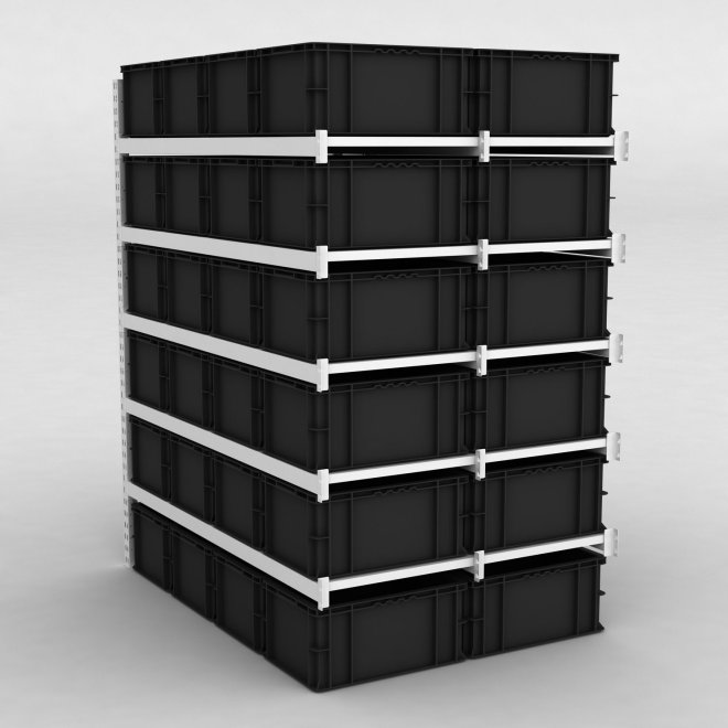 Storfagsreol Tilbygningsfag med 48 sorte plastkasser