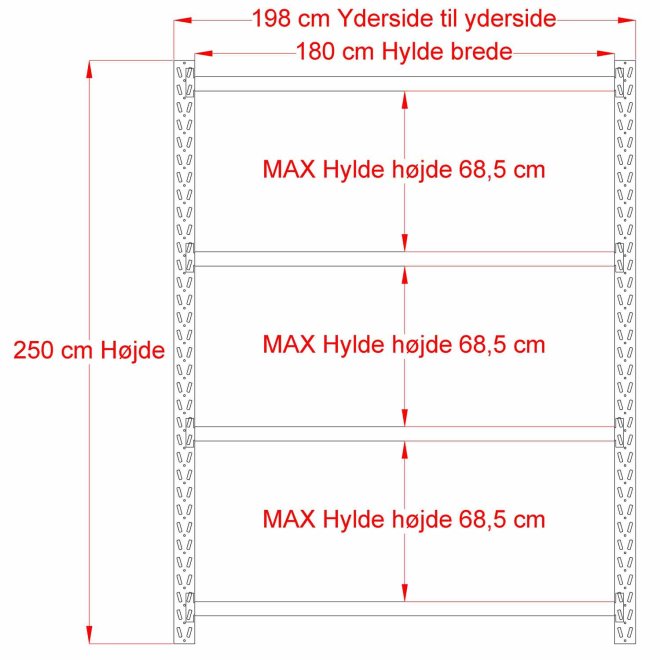 Lagerhylla H: 250 D: 60 cm 4 hyllplan