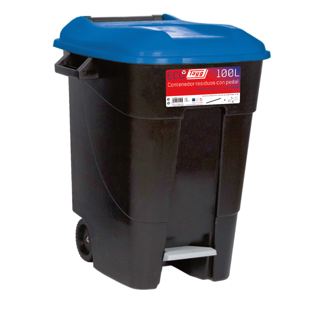  Avfallsbehållare 100 liter i svart m. Blåt Lock och fotpedal