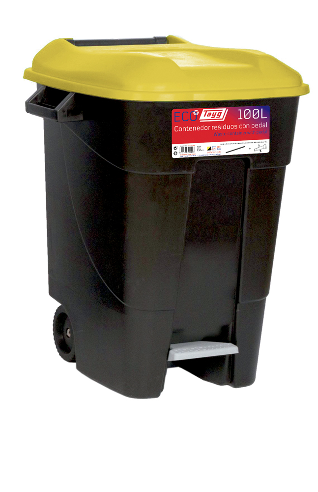  Avfallsbehållare 100 liter i svart m. Gult Lock och fotpedal