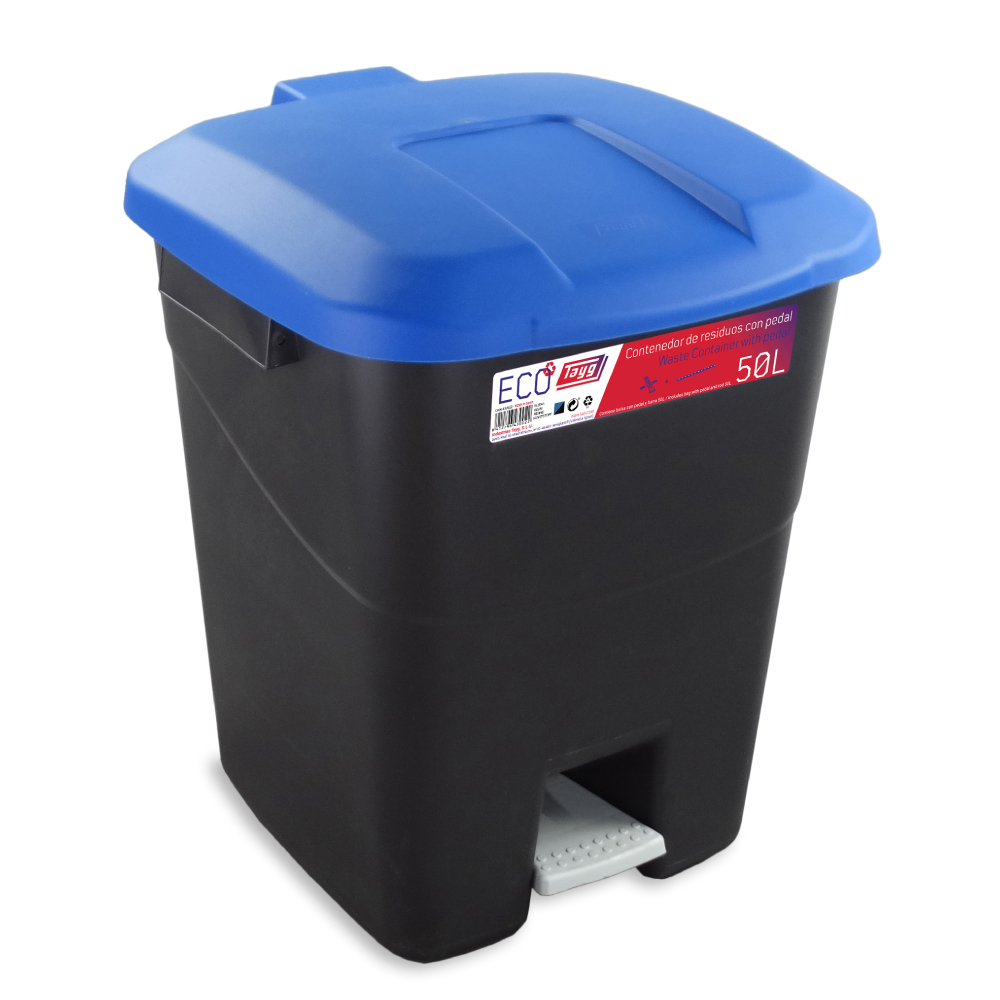  Avfallsbehållare 50 liter i svart m. Blåt Lock och fotpedal