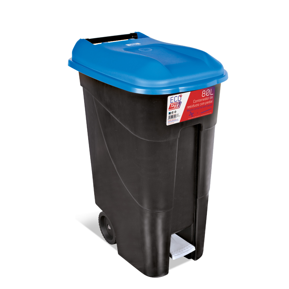  Avfallsbehållare 80 liter i svart m. Blåt Lock och fotpedal