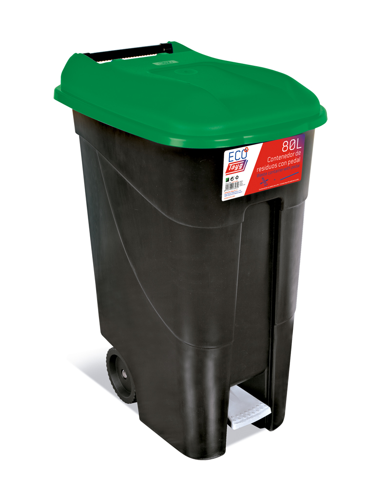  Avfallsbehållare 80 liter i svart m. Grönt Lock och fotpedal