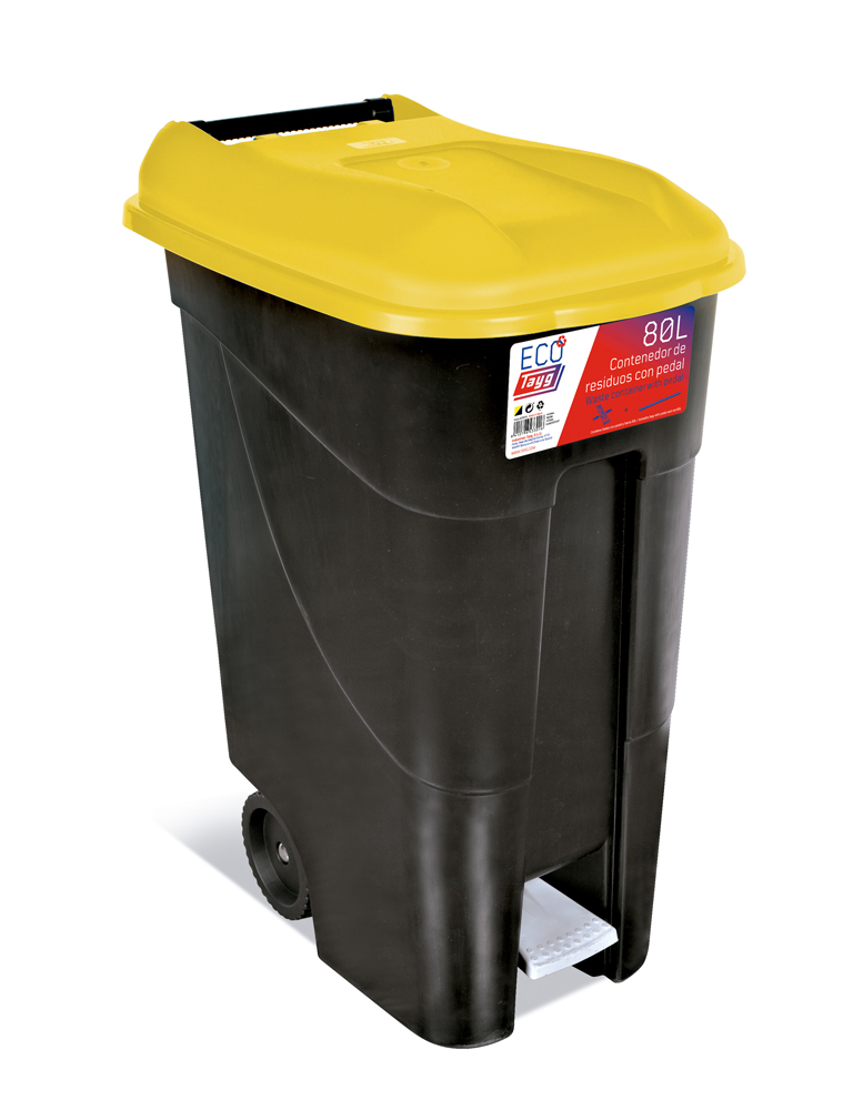  Avfallsbehållare 80 liter i svart m. Gult Lock och fotpedal