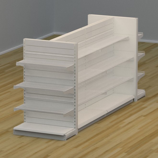 Butikshylla 4-sidig med trdhyllor och sprpanel - H: 150 x L: 359 x D: 114 cm | EBU
