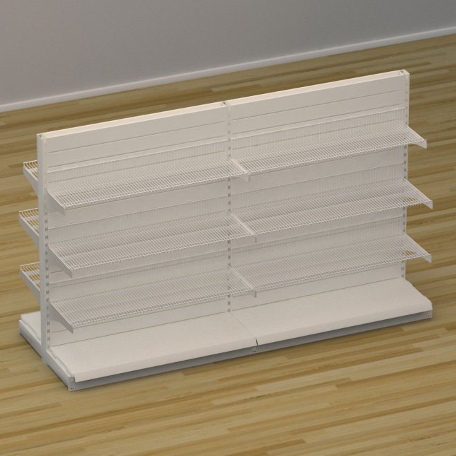 Butiksreol dobbeltsidet med trdhylder og rillepanel