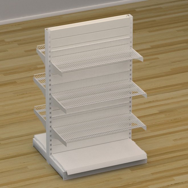 Butiksreol dobbeltsidet med trdhylder og rillepanel