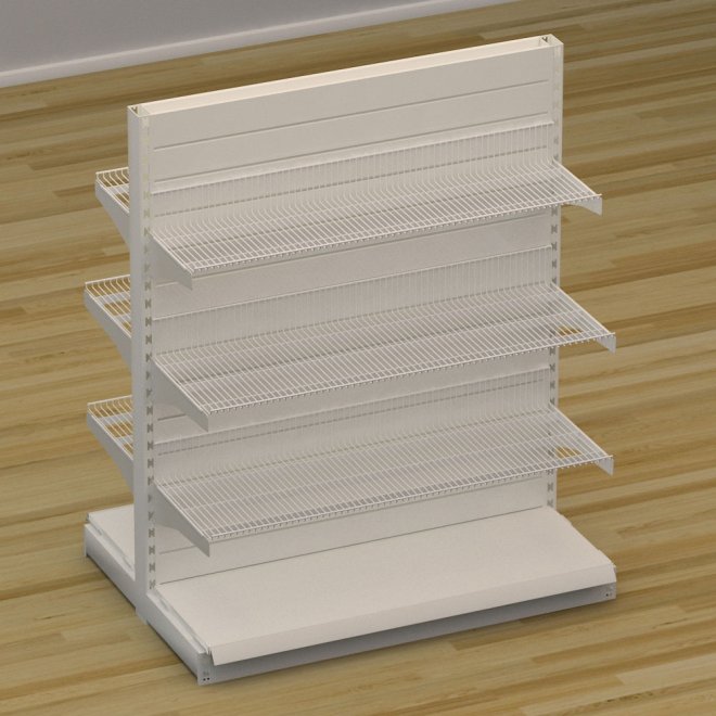 Butiksreol dobbeltsidet med trdhylder og rillepanel