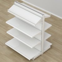 Butiksreol dobbeltsidet med metalhylder