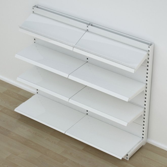 Butiksreol enkeltsidet med metalhylder