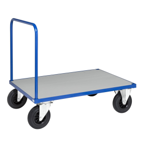 Plattformsvagn i bltt med bundplade i stl, inkl. hjulbromsar