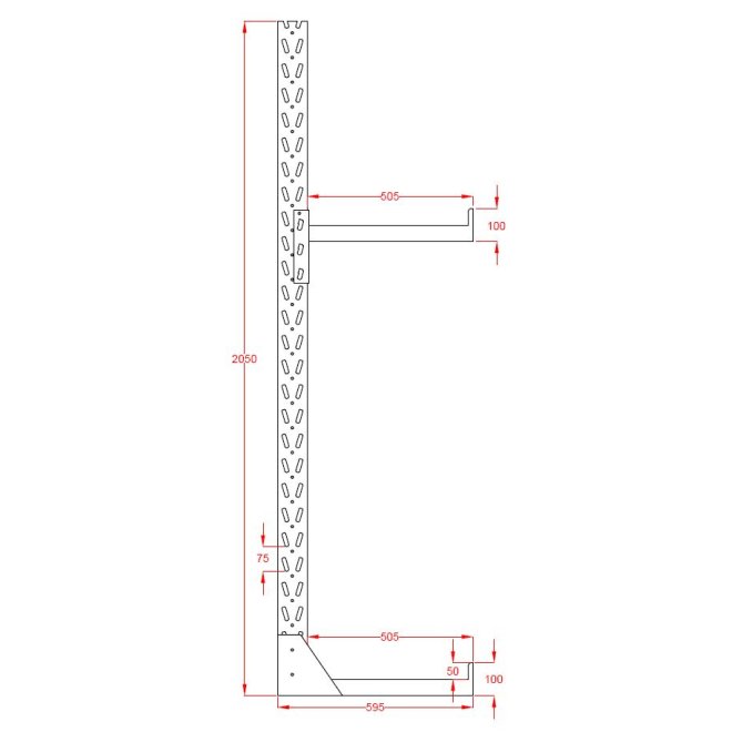 Leichtes einseitiges Kragarmregal mit 5 Felder und 4 Trageebenen